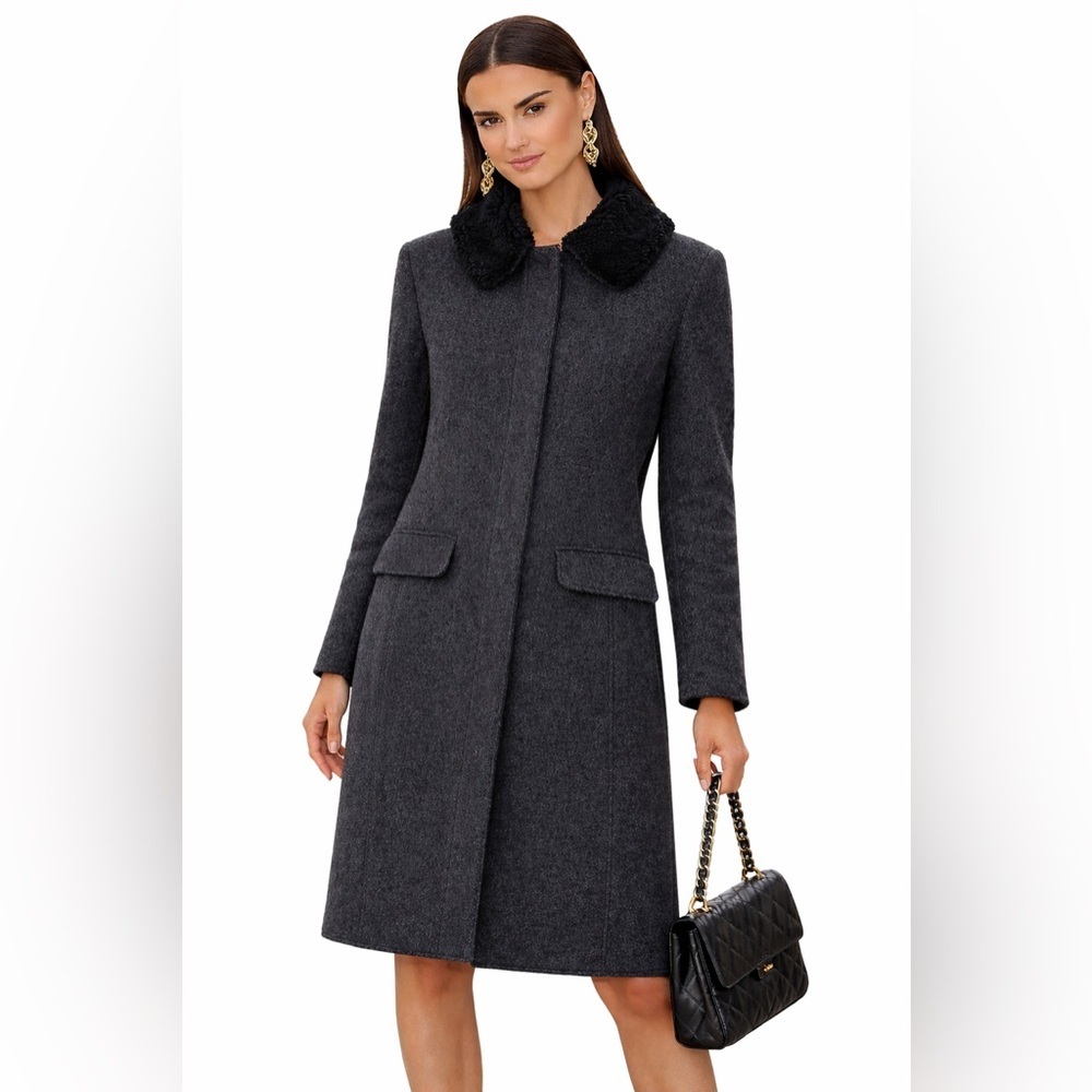 M0851 WOOL SHEARLING Collar Insulated WARM Pea Coat Trench Jacket Dark Grey M /8 - Picture 1 of 13